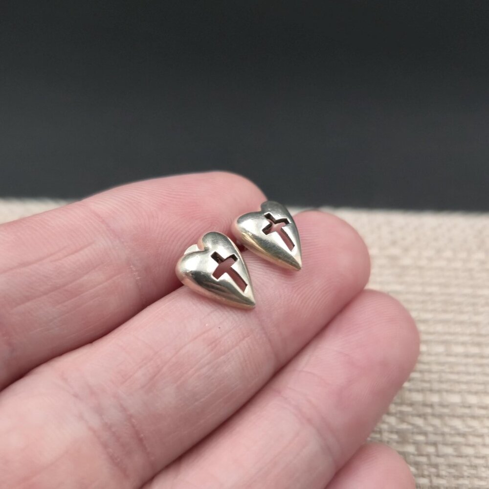 Sterling Silver Religious Cross Heart Stud Earrings A6979 View 2